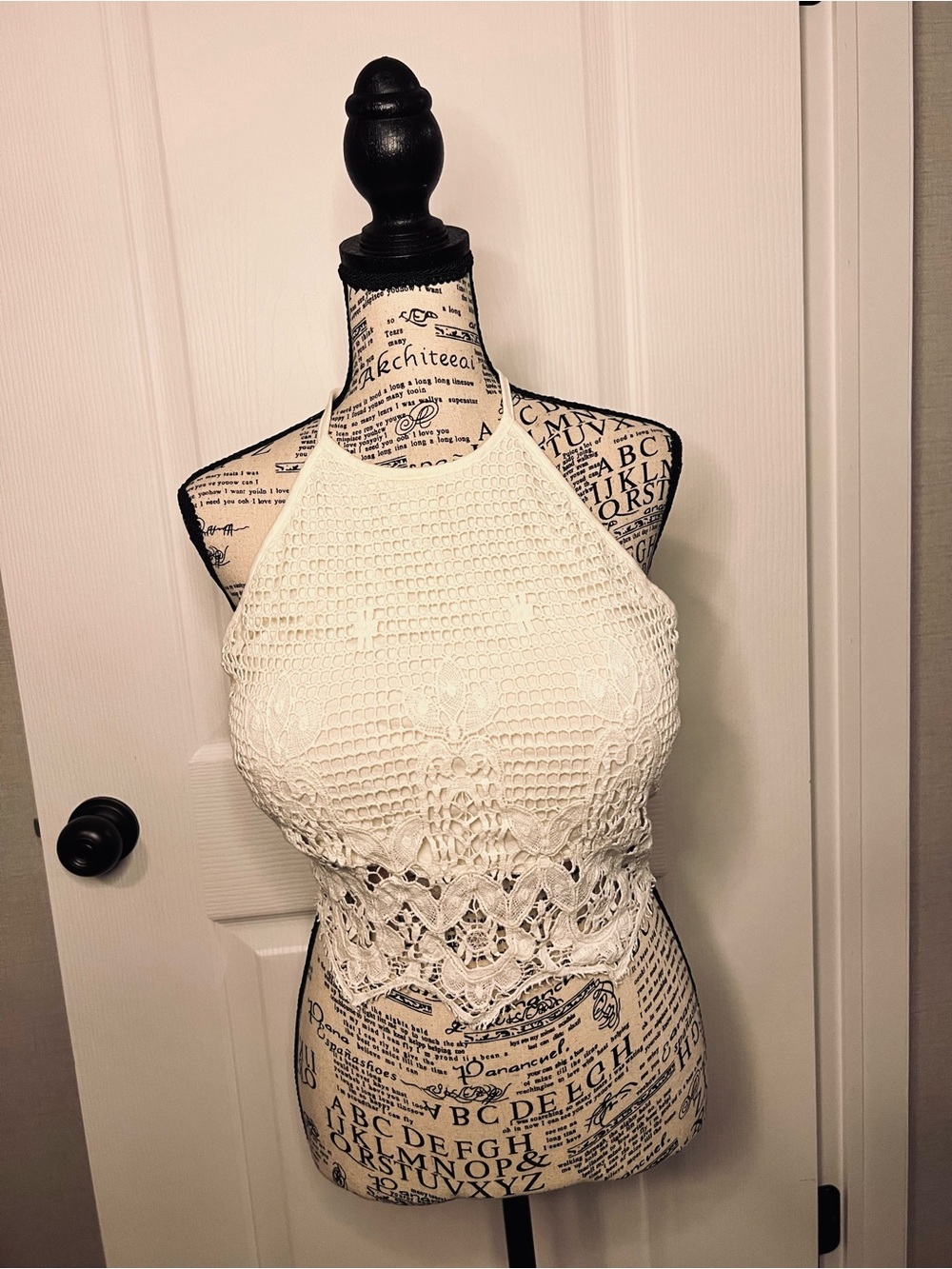 Express White Crochet Halter Crop Top